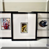 A09. Set of three framed abstract artworks with Certificates of Authenticity. 15&rdquo; x 14&rdquo; 